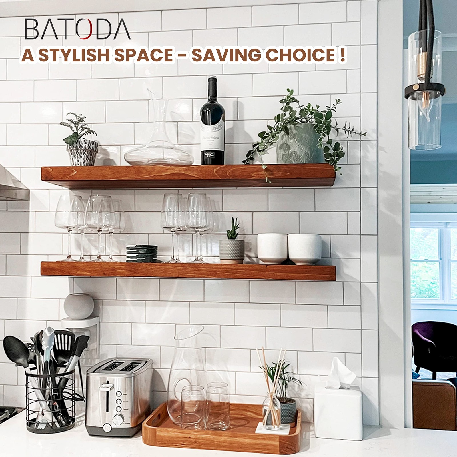Set of 2 24″ Acacia Wood Floating Shelves Wall Mounted – Rustic Farmhouse Woo…