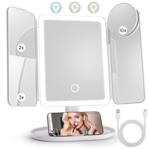 Lighted Makeup Vanity Mirror, Height Adjustable Trifold Mirror Creamy White