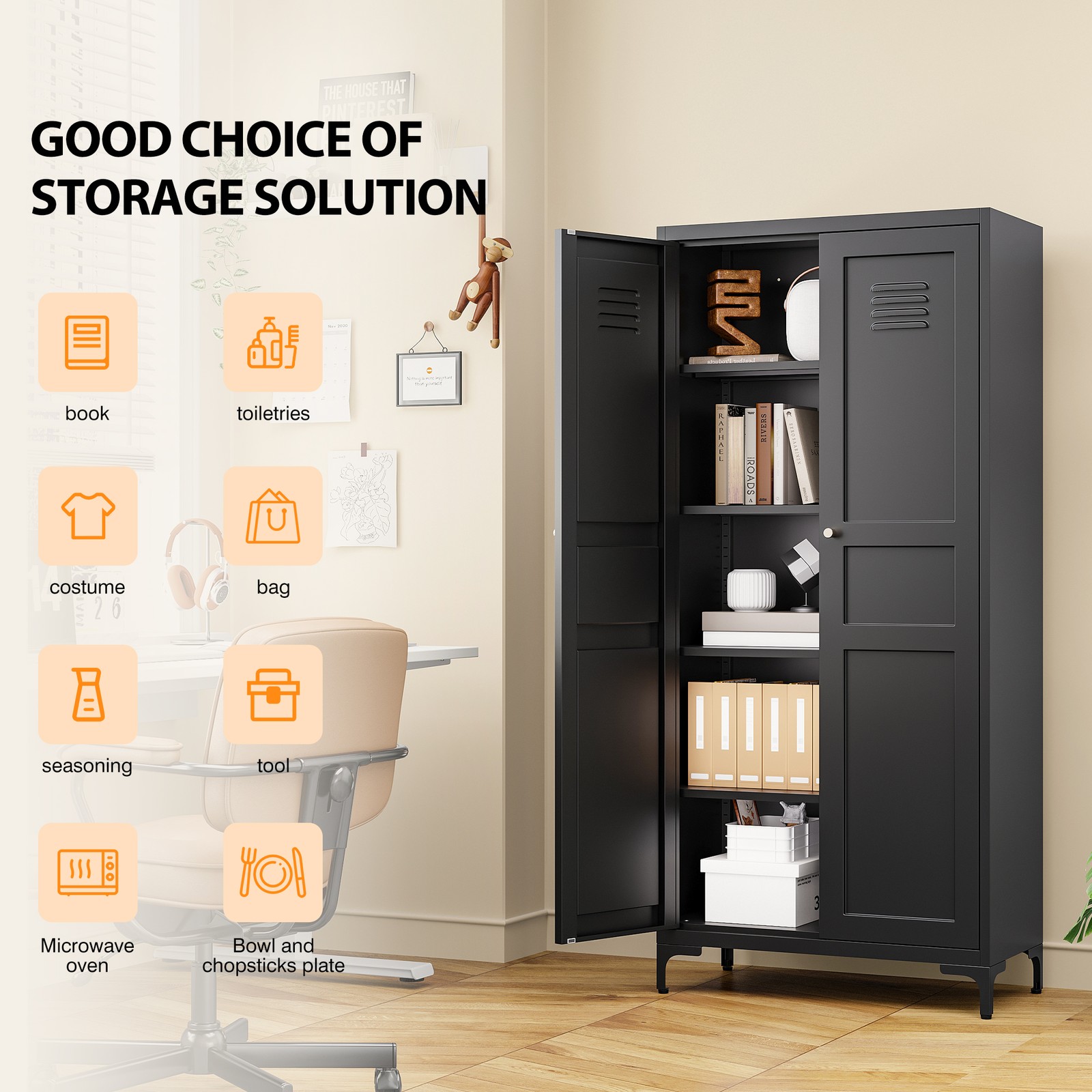 White Metal Pantry Cabinet with 4 Adjustable Shelves, Tall Freestanding Storage