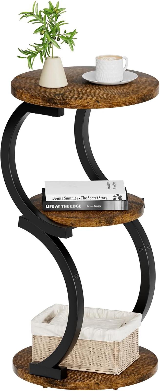 Small Side Table, 3-Tier round End Table for Small Spaces, Rustic Brown | S-Shap