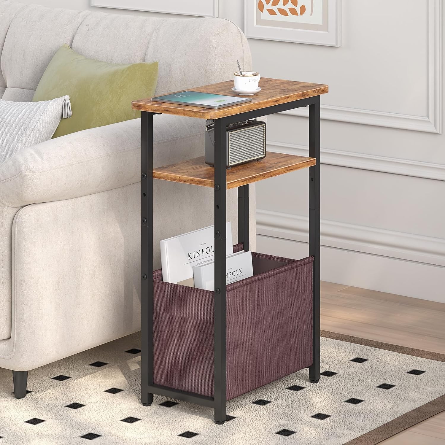 Rustic Brown Fabric Basket Narrow Small End Table 15.75″ x 7.85″ x 25.2″ Storage