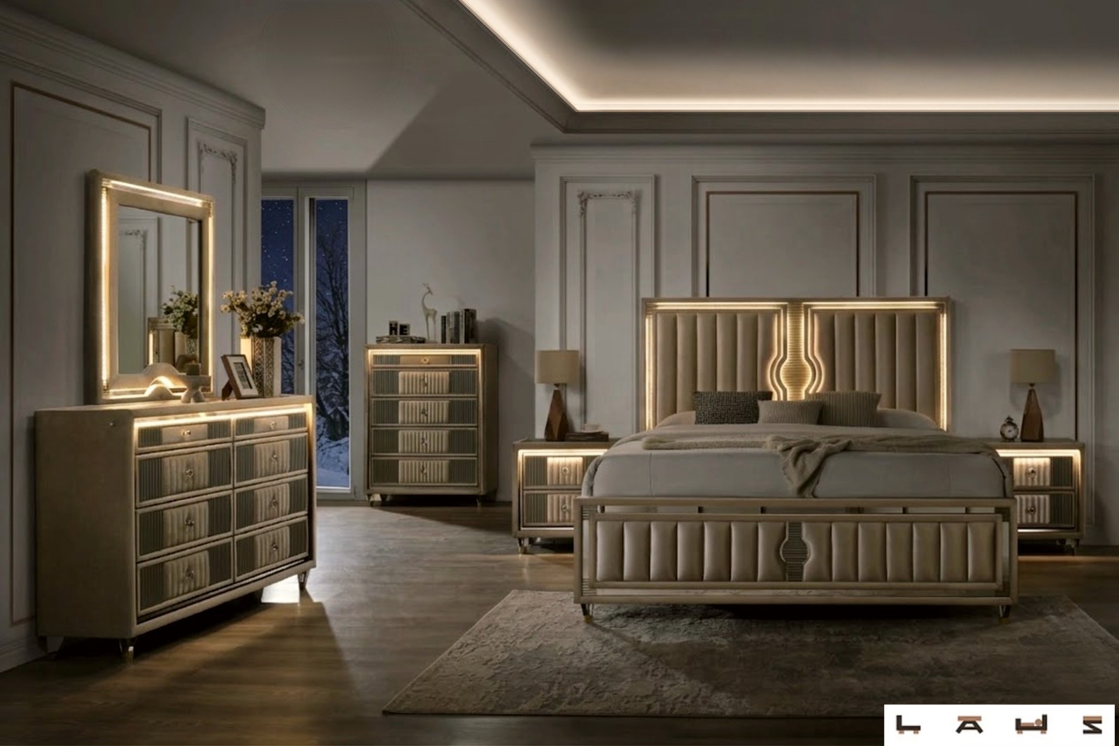 NEW LED Queen King Biege Cream 5PC Velvet Bedroom Set Modern Furniture B/D/M/N/C