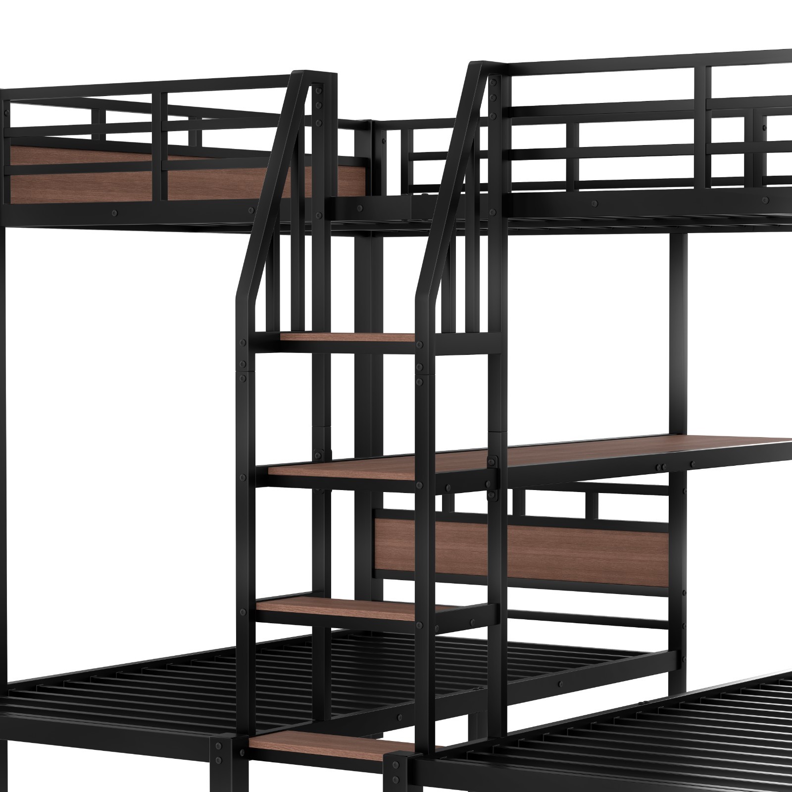 Twin/Queen over Twin over Twin Metal Bunk Bed Triple Bunk bed w/Storage Shelves