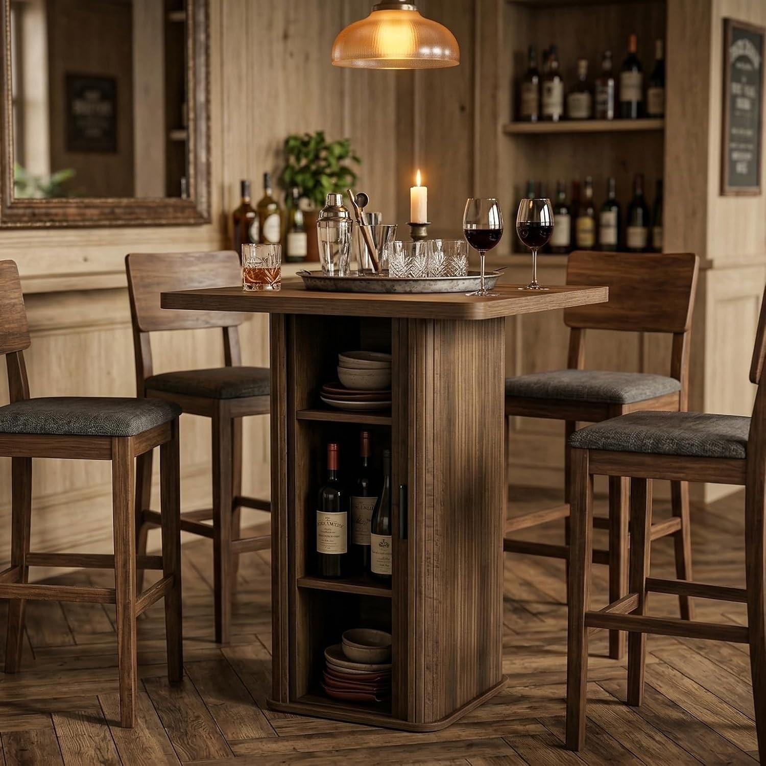 Square Bar Table with Storage Cabinet, 35.43″ H Modern High Top Bistro Pub Table