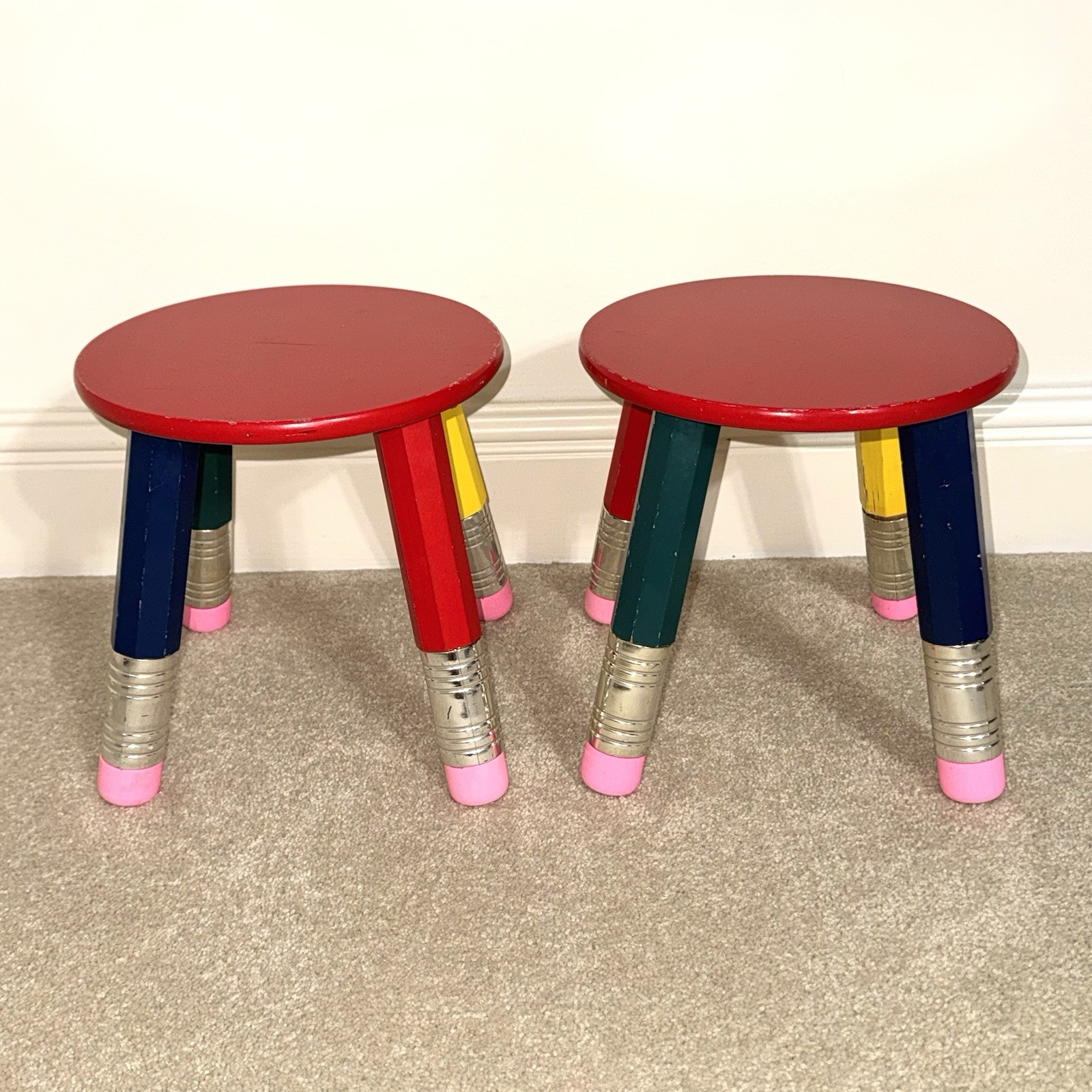 Vintage 1980s Pierre Sala Style Crayons Pencil Wood Multicolored Child’s Stools