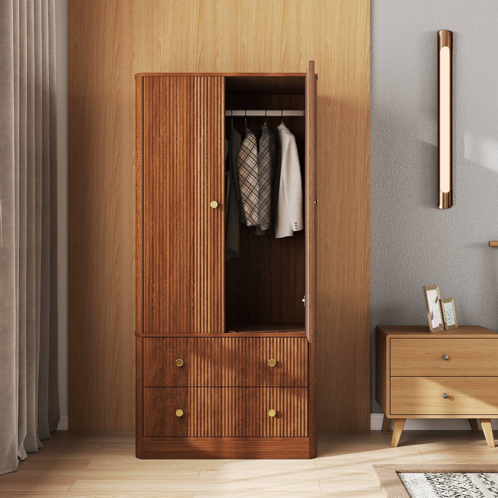Wood Armoire Wardrobe Hanging Rod Closet Storage Cabinet Clothes Organizer