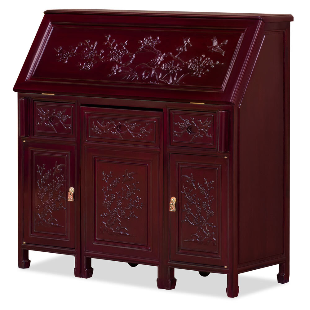 US SELLER – Dark Cherry Rosewood Flower Bird Design Asian Secretaire with Chair
