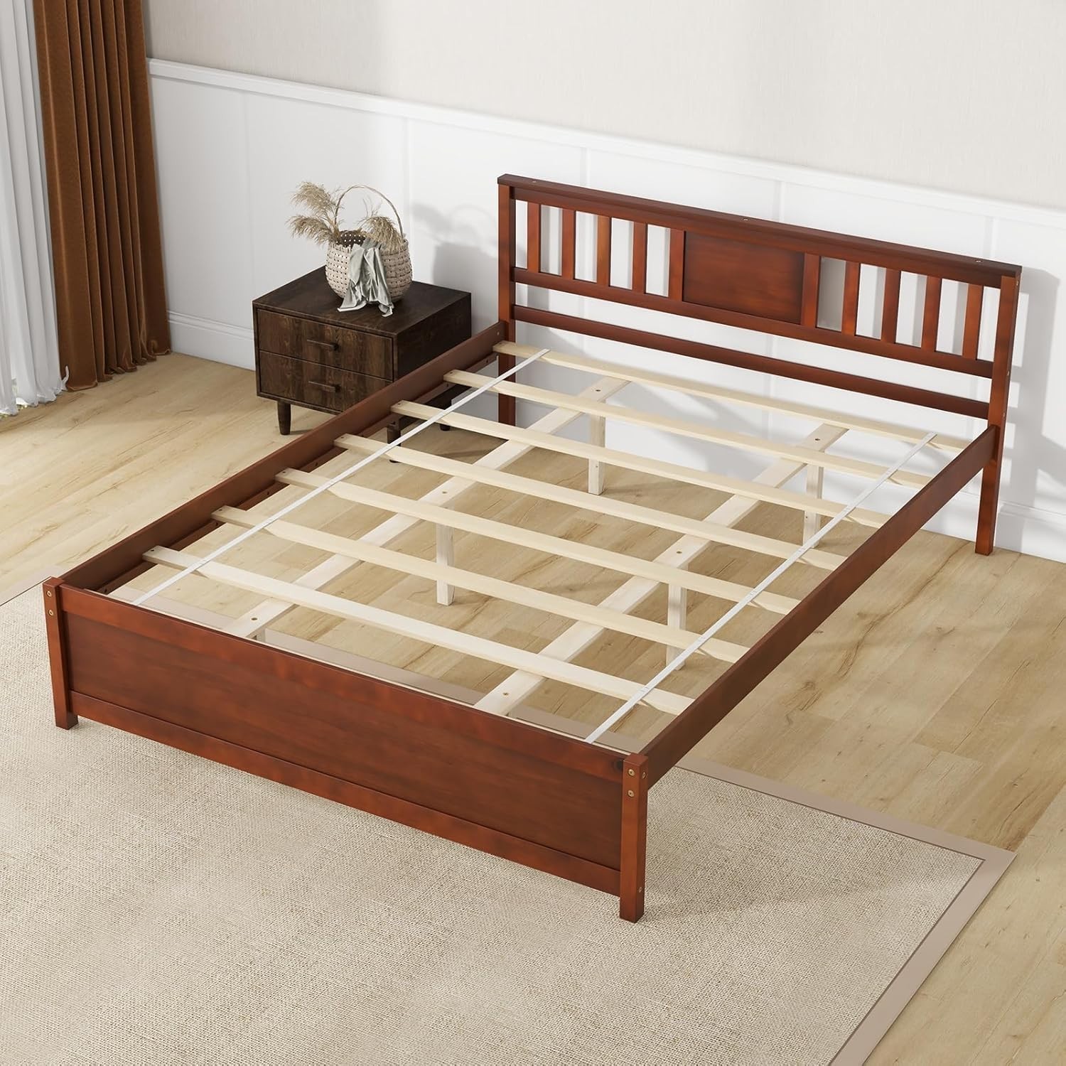 Mid Century Queen Solid Wood Bed Frame with Headboard – Easy Assembly, Walnut