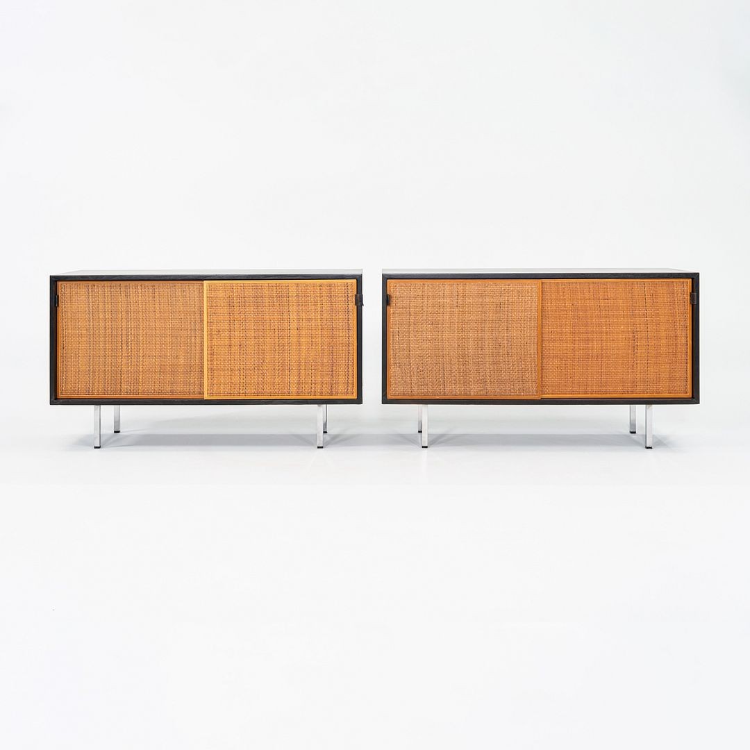 1963 Florence Knoll Ebonized Credenzas w/ Sliding Doors & Leather Pulls 2x Avail