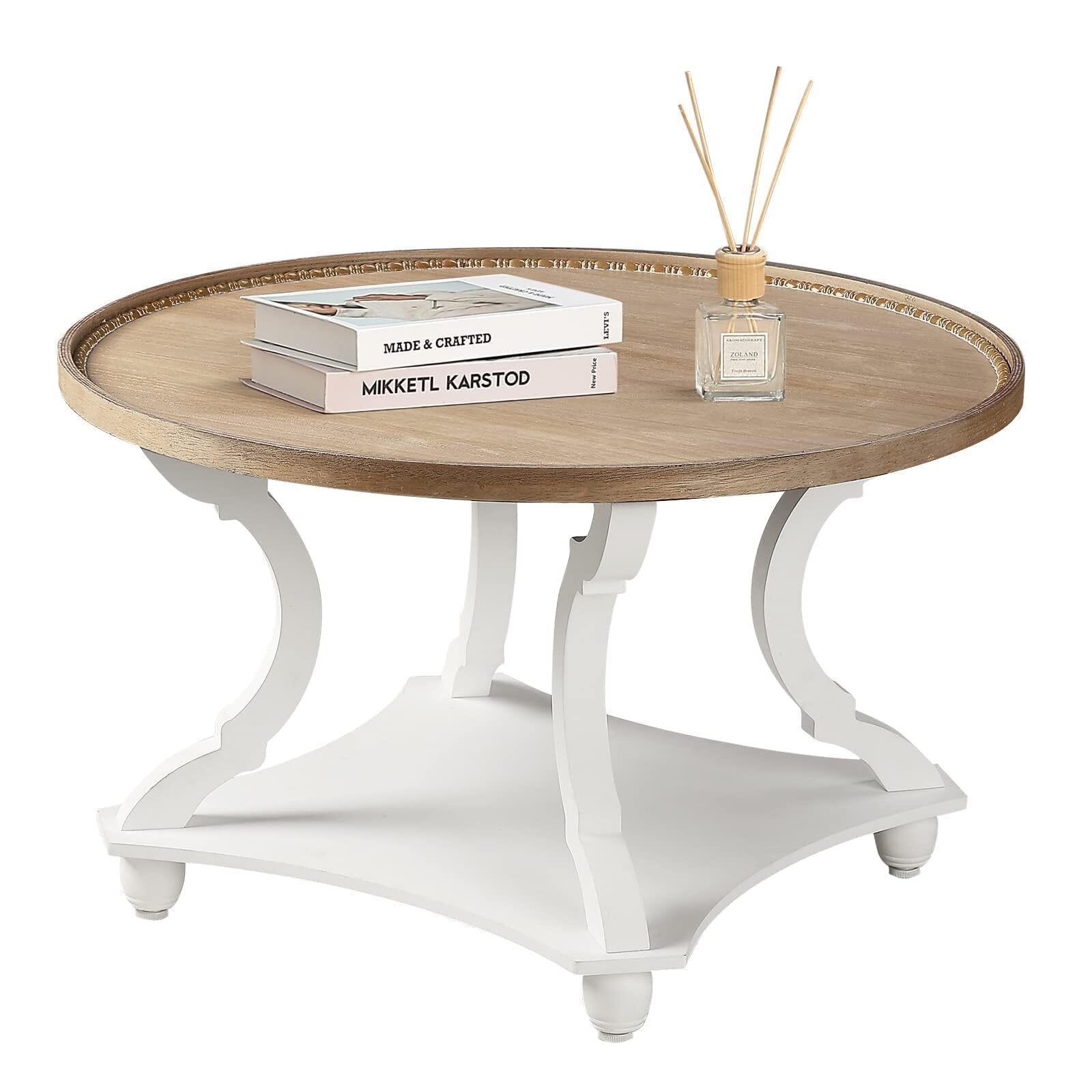 Farmhouse Round Coffee Table Wood Tray Top Circle Coffee Table With Storage Shel