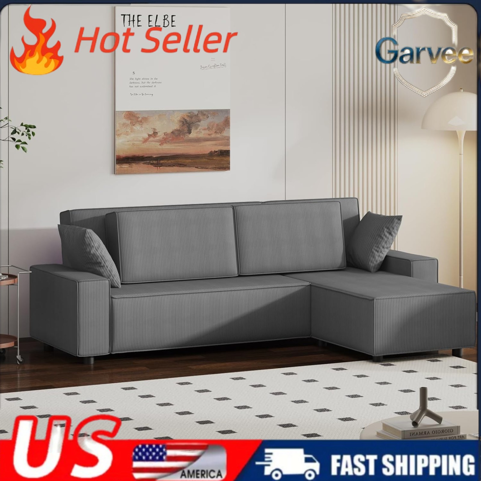 96″ L Shaped Cloud Couch Stripe Corduroy Deep Seat Sofa Movable Ottoman