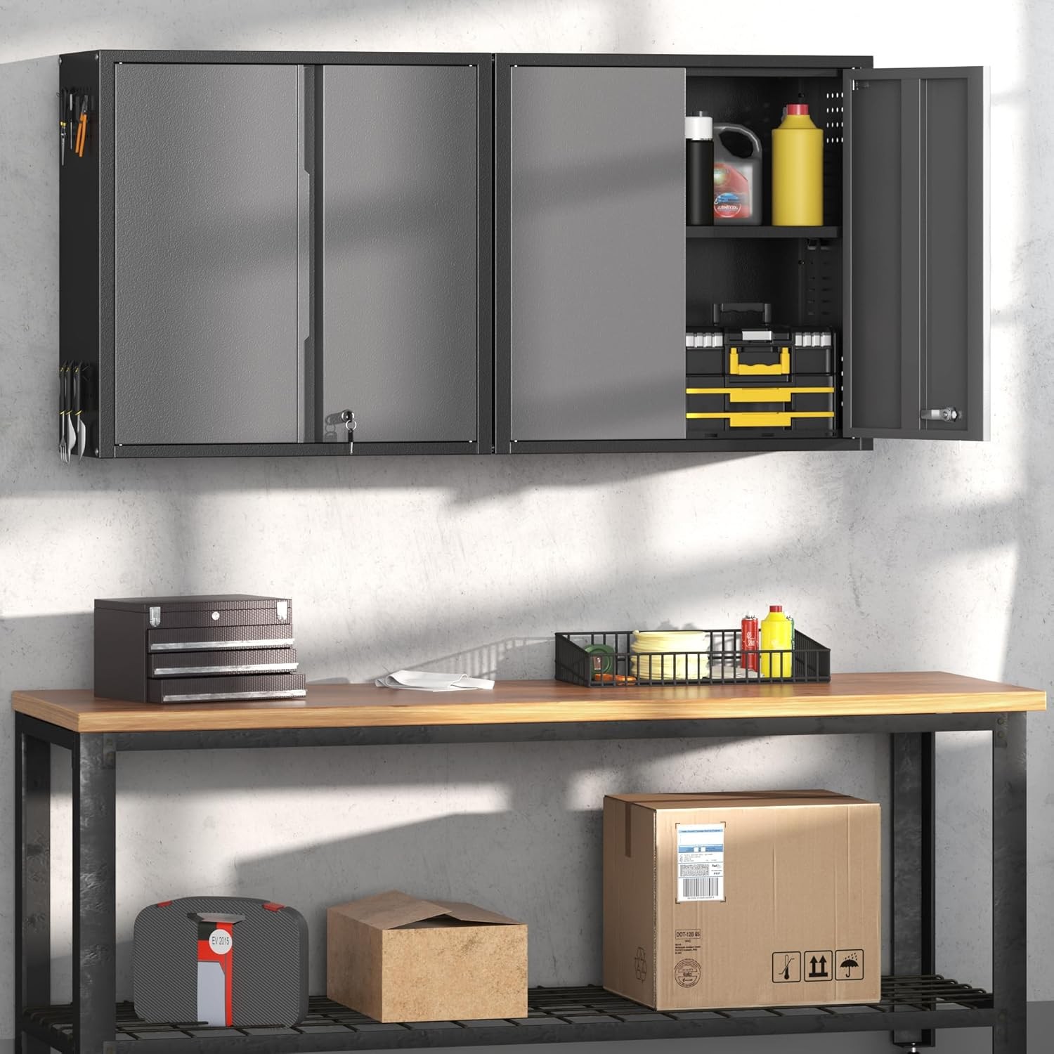 Wall Cabinet with Lockable 2-Doors Steel Garage Storage Cabinet Metal Wall Chest