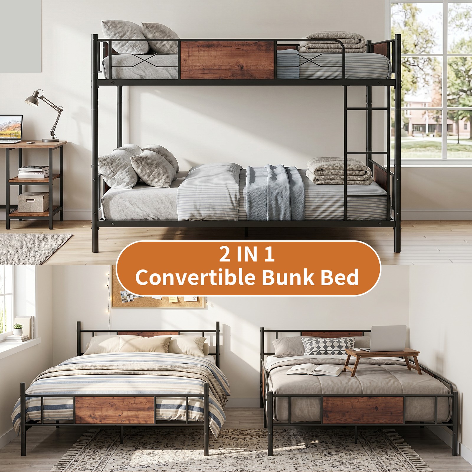 Full Over Full Bunk Bed Anti-Tip Device Stable Structure Heavy Weight Capacity