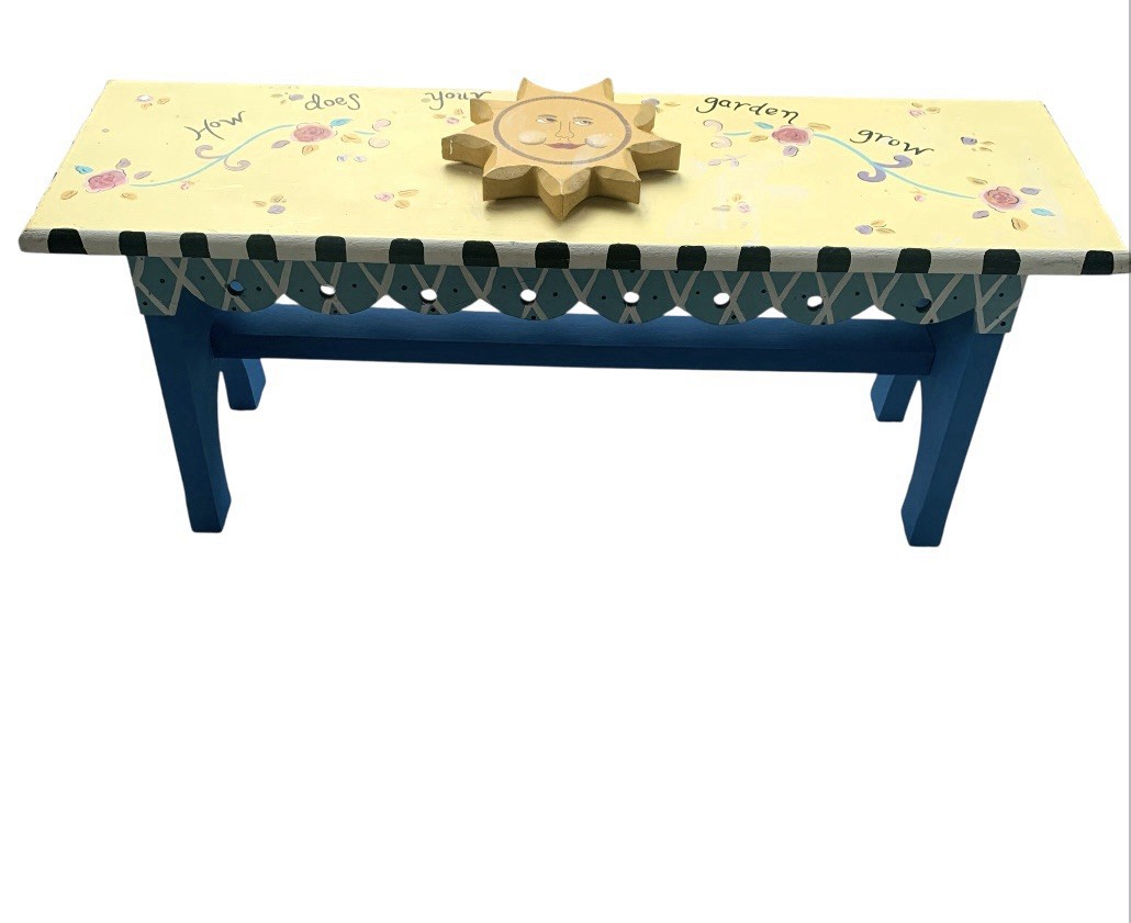 Whimsical Hand Painted Step Stool Raised Sun Wooden 24”x7”x 9.5” Cottage Core