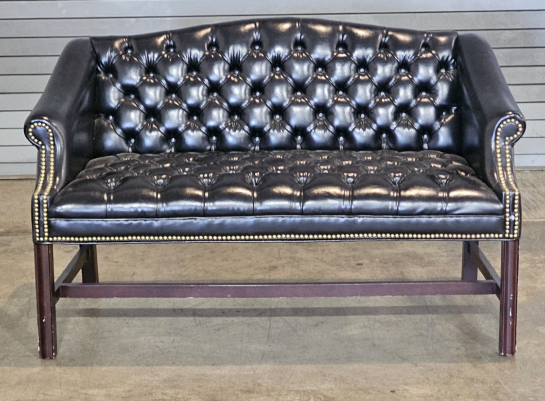 Chesterfield Black Leather Tufted Leather Settee Mahogany Frame Nail Head Trim