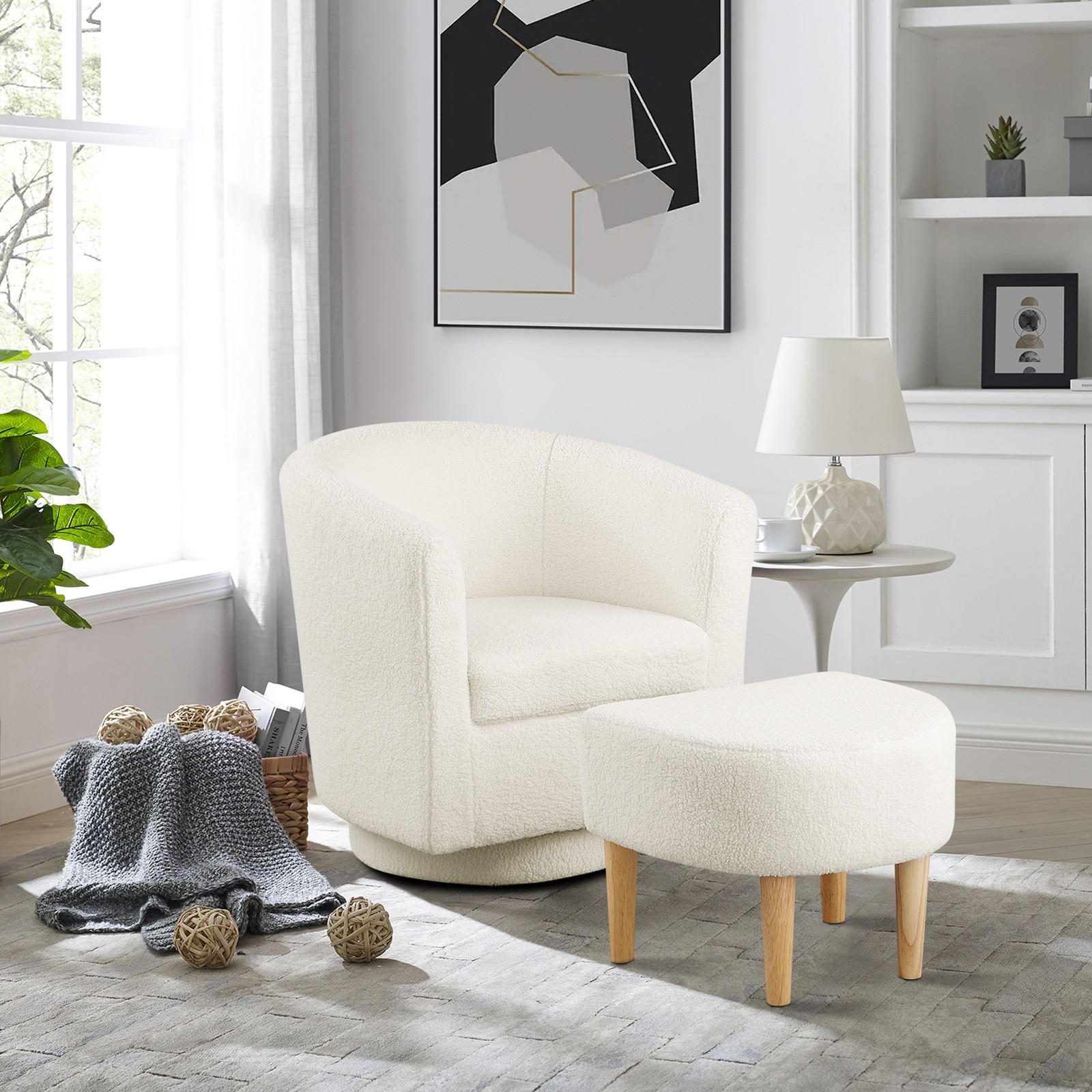 Swivel Accent Armchair Single Sofa w/Ottoman Modern Fabric Chair for Living Room