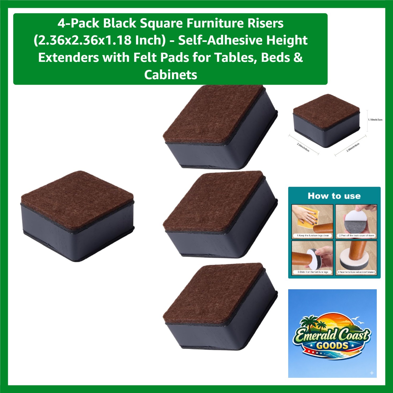 Black Square Furniture Risers – 4-Pack with Felt Pads for Scratch Protection