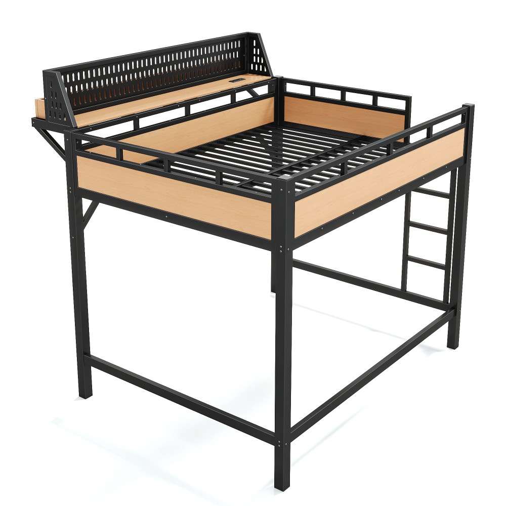 Full size Loft Bed Frame with Storage Shelves and Pegboard, Metal Loft Bed
