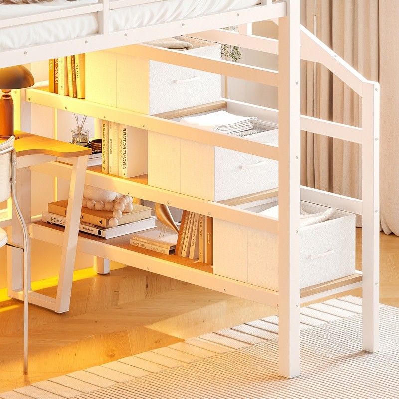Full Size Metal Loft Bed with Storage Stairs,Movable Desk & Pegboard Kids Teens