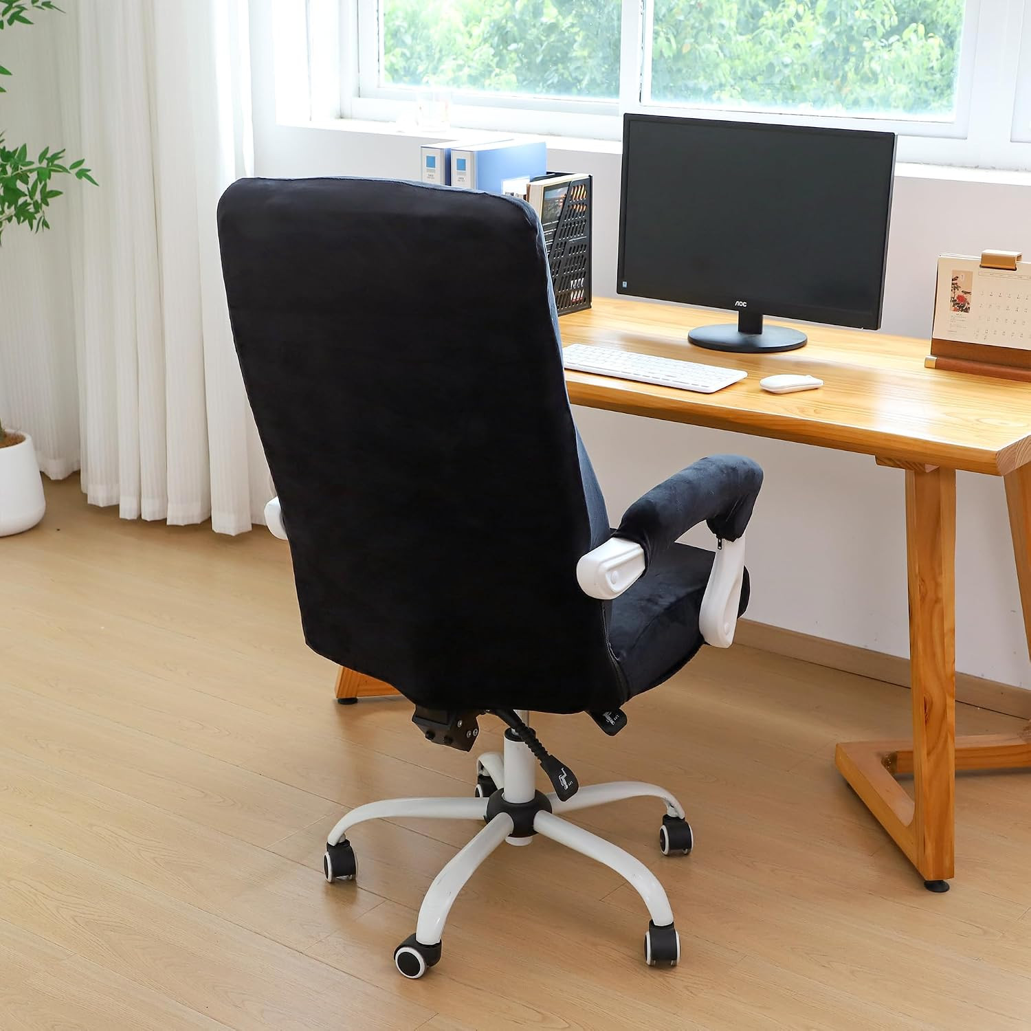 Office Chair Cover with Armrest Cover Black Velvet Stretch Computer Chair Covers