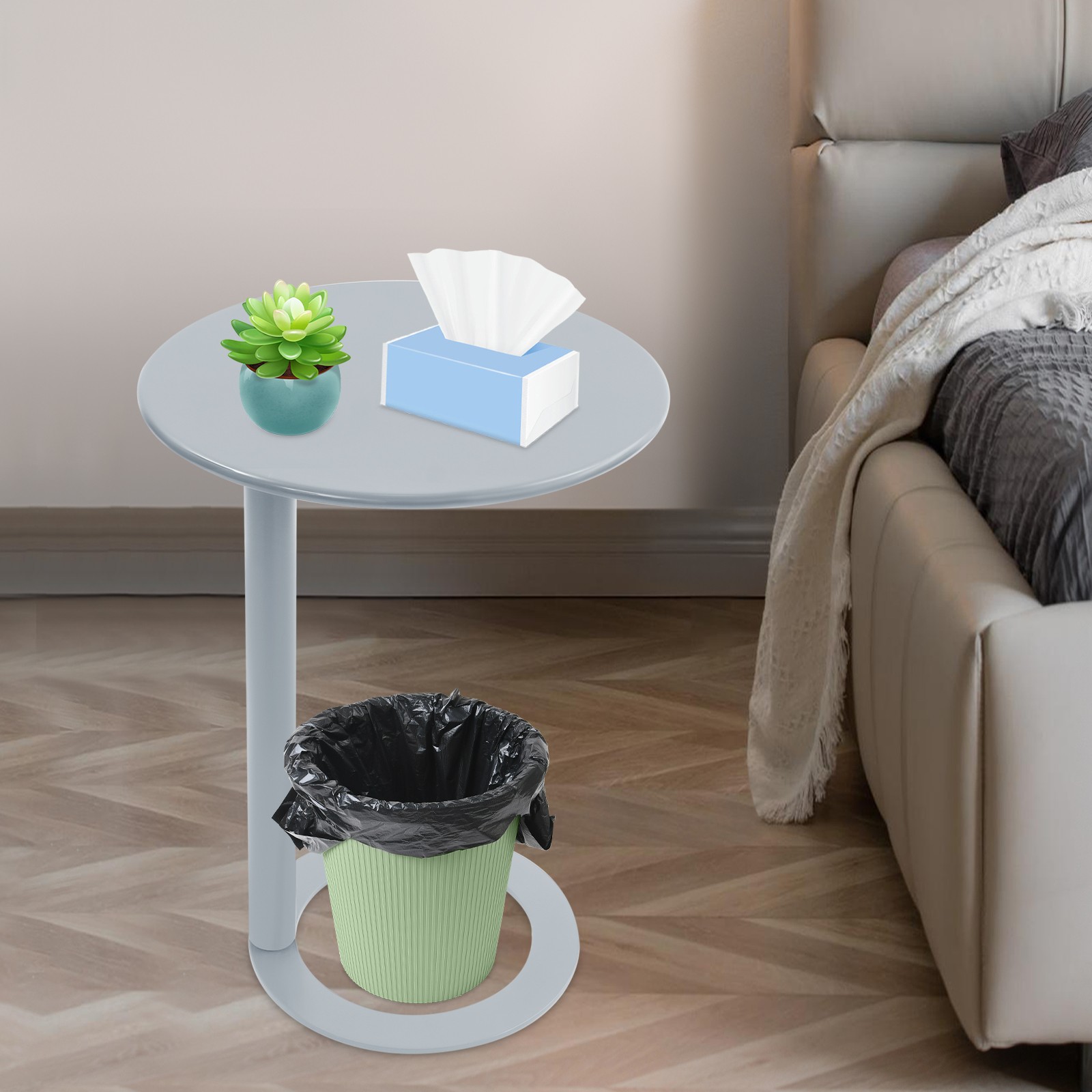 18.9*27.2in Grey C-Shaped Round Side Table With O-Shaped Base, Sofa Coffee