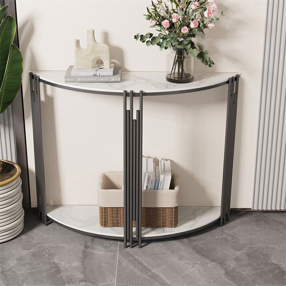 Unique Glossy White Console Table Sintered Stone Top & Bottom Storage Metal Legs