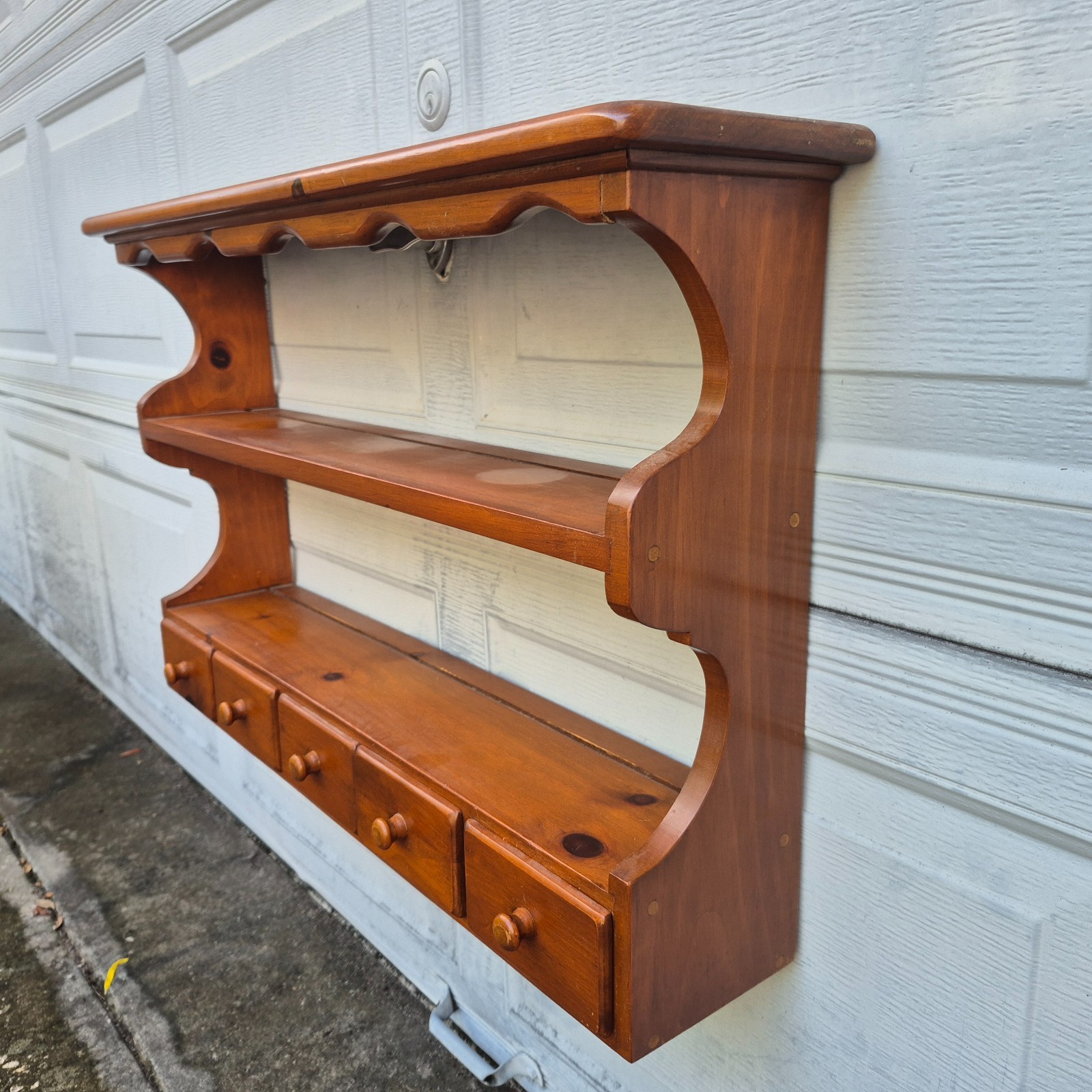 VTG Solid Pine Wall Rack w Plate Groove Display Cup Saucer Curio Shelf 5 Drawers