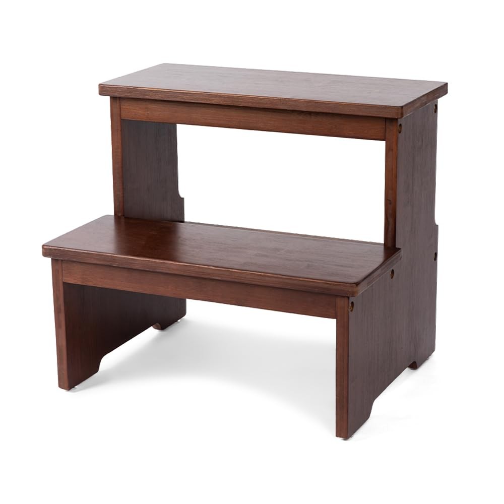 Dark Chocolate Bamboo 2 Step Stool Heavy Duty Wooden Stairs 350 Lbs Capacity