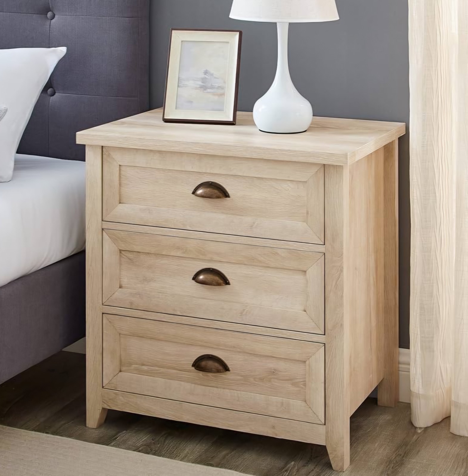 Light Wood Beige 3-Drawer Nightstand w/ Metal Cup Handles 25x18x26 in