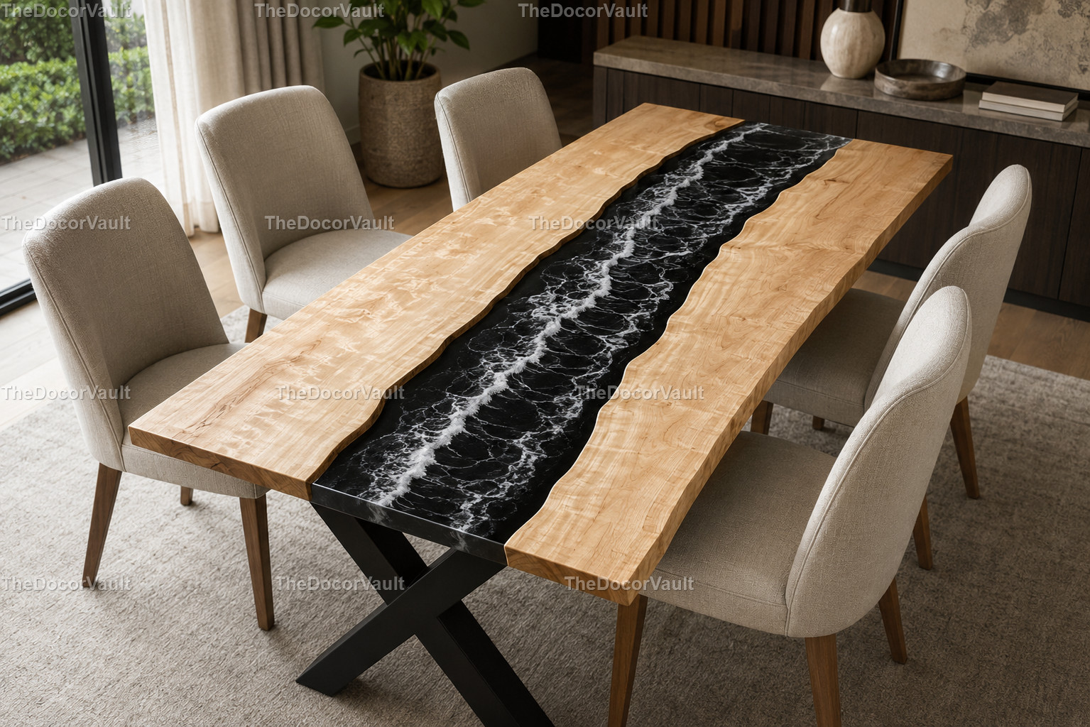 Black Ocean Wave Epoxy River Dining Table Top Live Edge Wood Handmade ……….
