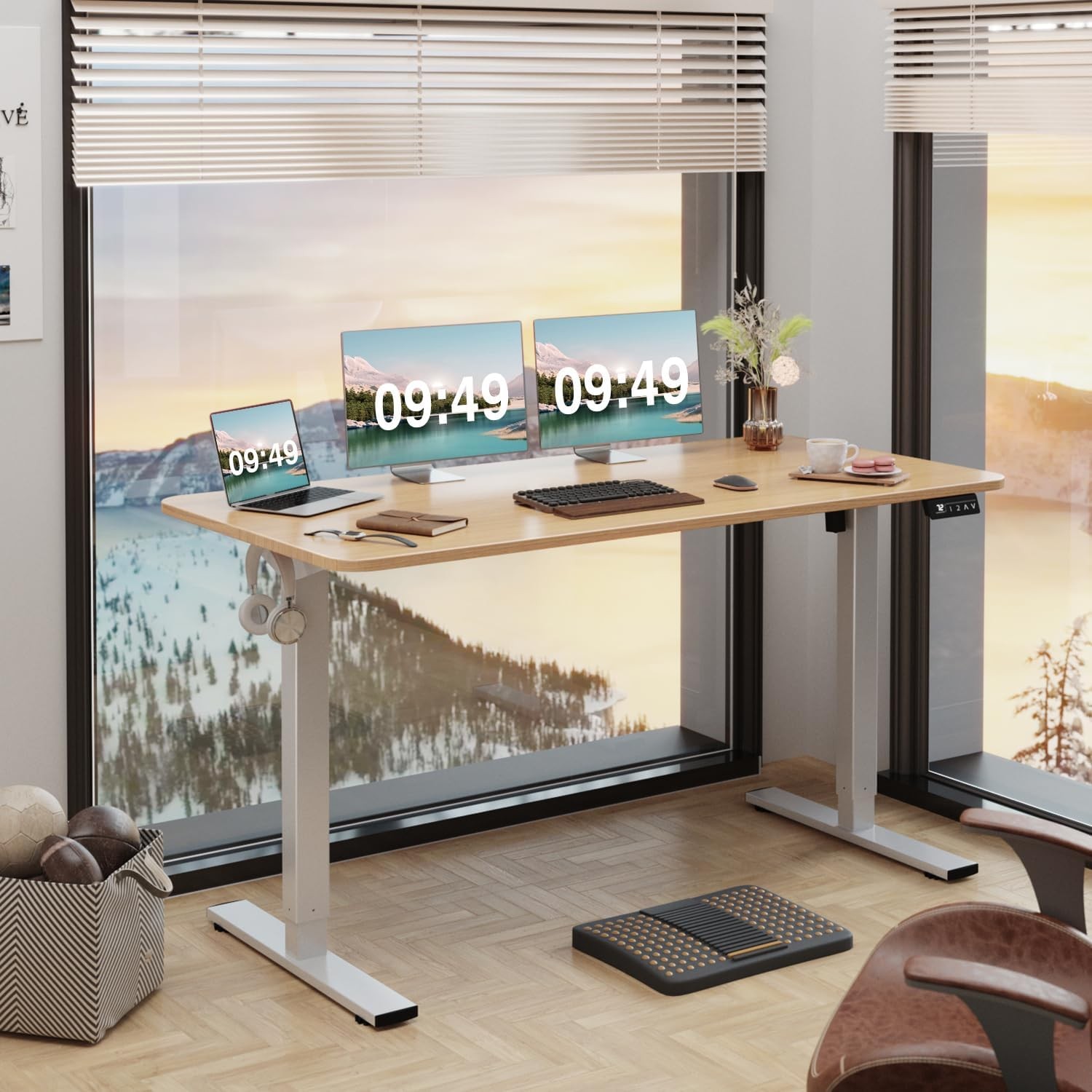 Furmax Height Adjustable Desk 55×24 Computer Desk Memory Preset Light Wood