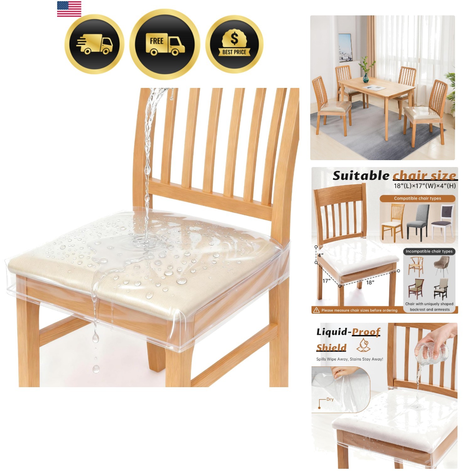 4 Pack Stain, Water and Kitty Scratch Resistant Clear Dining Chair Covers/Sli…
