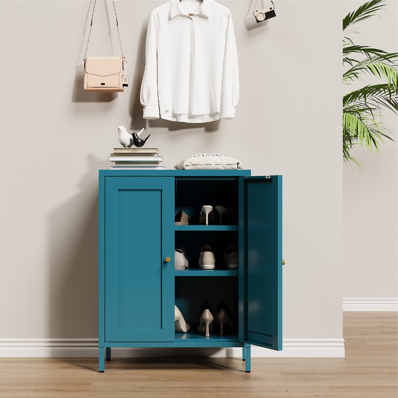 Blue Metal Storage Cabinet, Metal Mesh Accent Cabinet