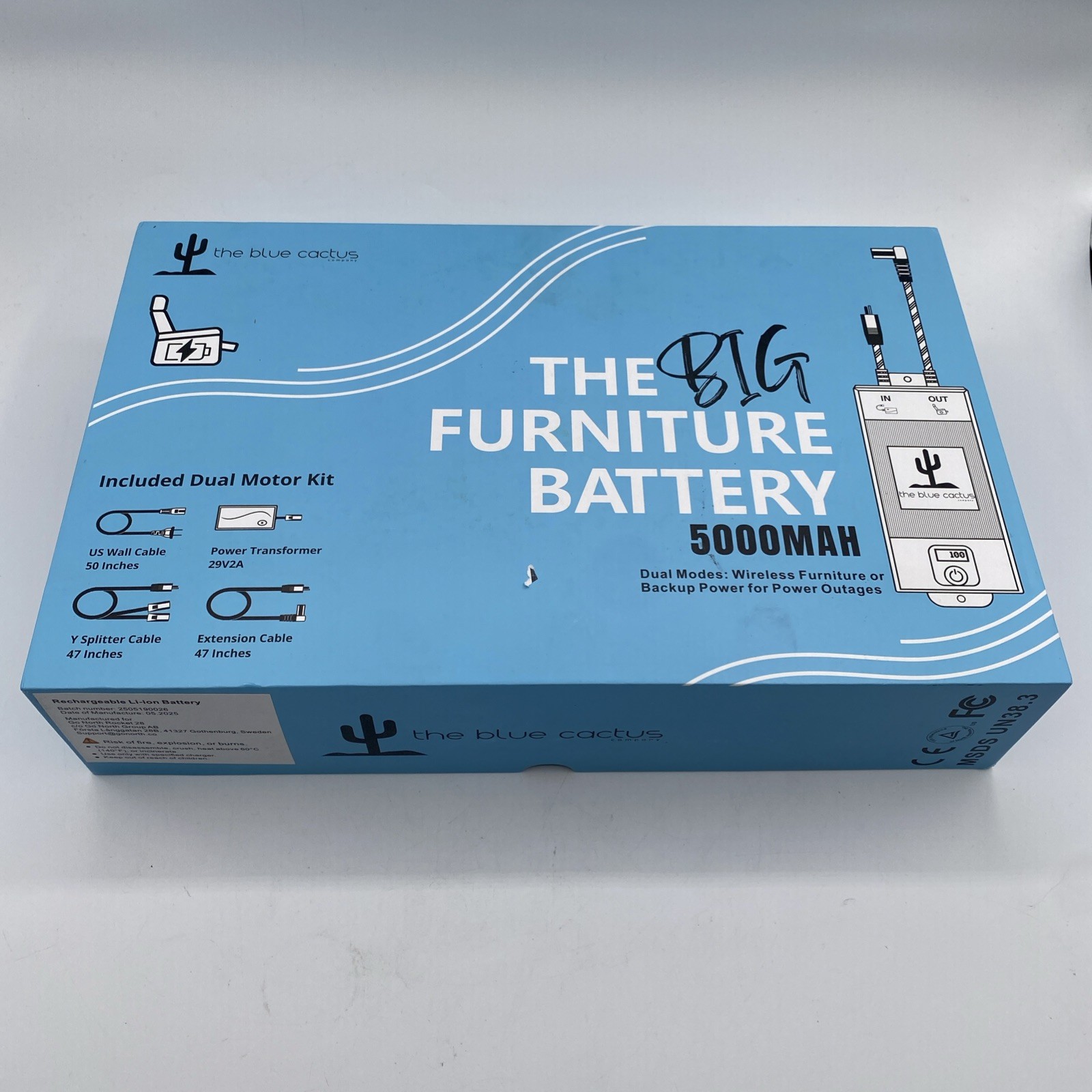 The Blue Cactus Big Battery Pack for Reclining Furniture with LED Screen 5000mAh