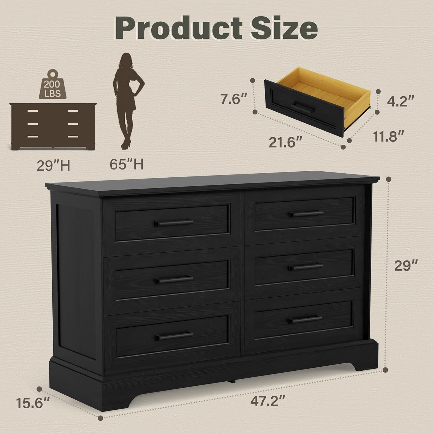 Farmhouse 6-Drawer Black Dresser for Bedroom – Stylish Storage Solution