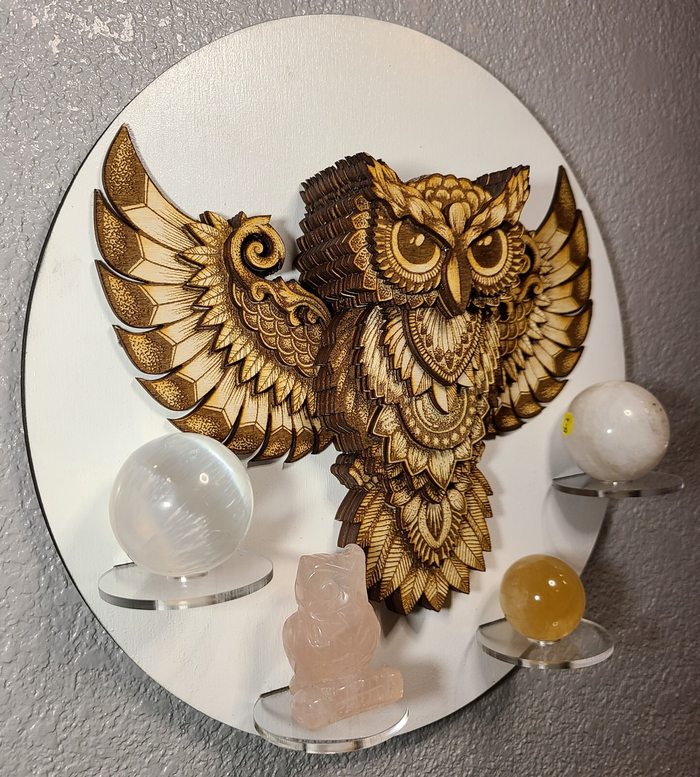 Mandala 3D Owl Natural Healing Crystals decor Display Shelf Laser Engraved