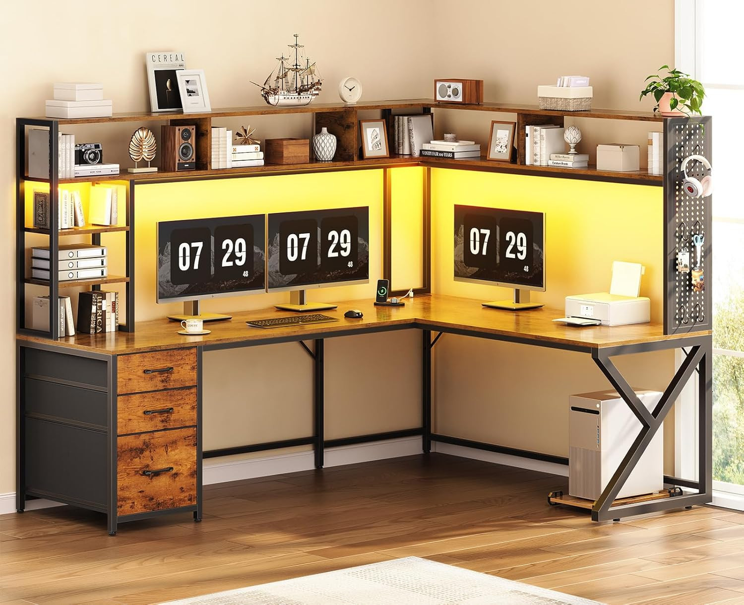 SEDETA L Shaped Desk with Hutch and 3 Drawers, Convertible 94.5″ Computer Desk w
