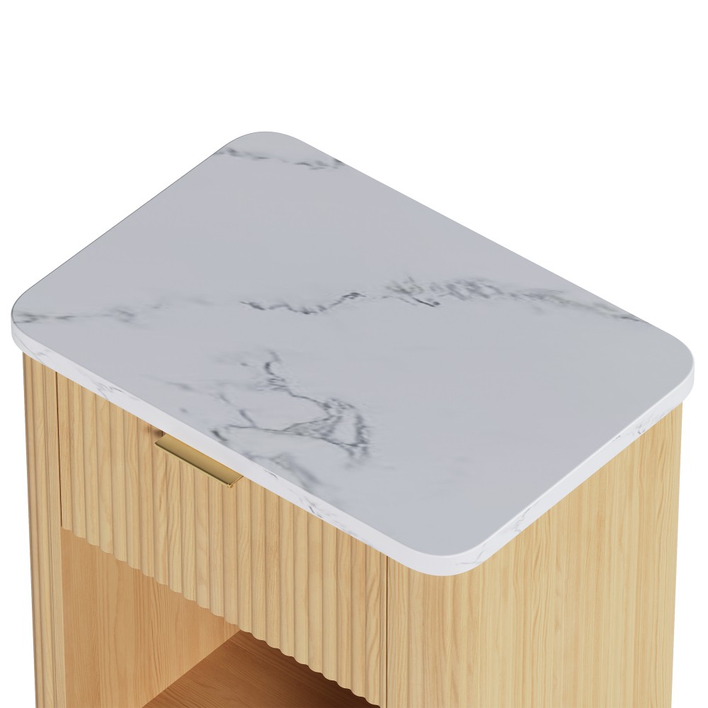 Natural Wood Finish Fluted Nightstand with Storage Drawer and Open Shelf