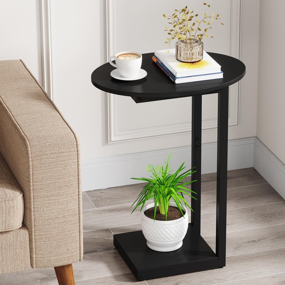 Side Table Small End Table, C-Shaped Wood Sofa Table with Metal Frame for Living