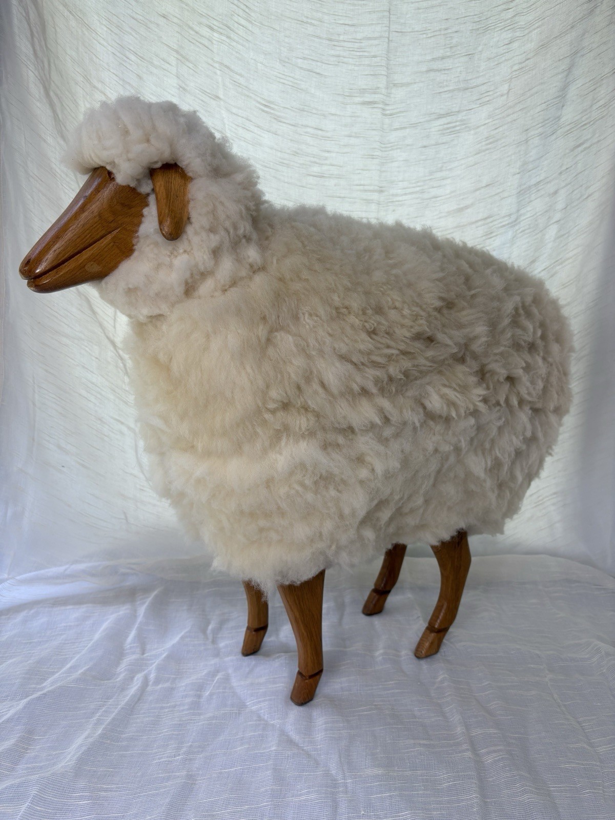 Wool & Carved Wood Lamb Sheep Footrest Nursery Farmhouse Decor
