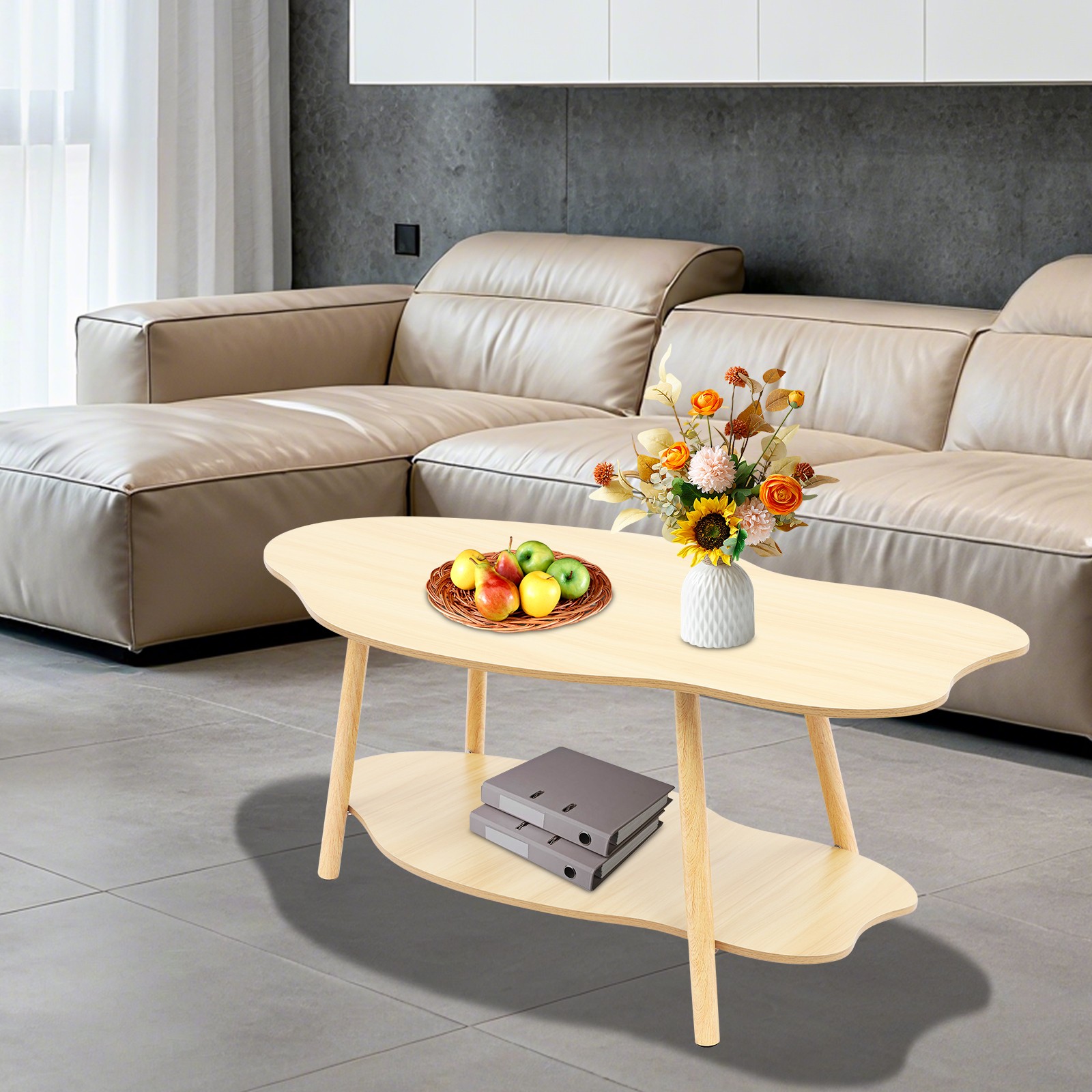 Cloud-shaped Coffee Table Double Layer Center Table for Living Room Light Walnut