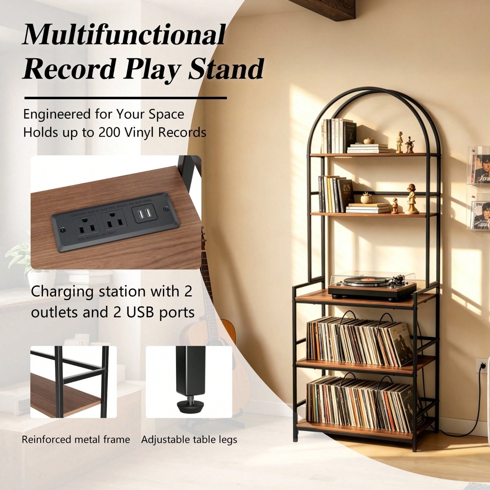Record Player Stand with Charging Station, 5-Tier Vinyl Storage for Living Room
