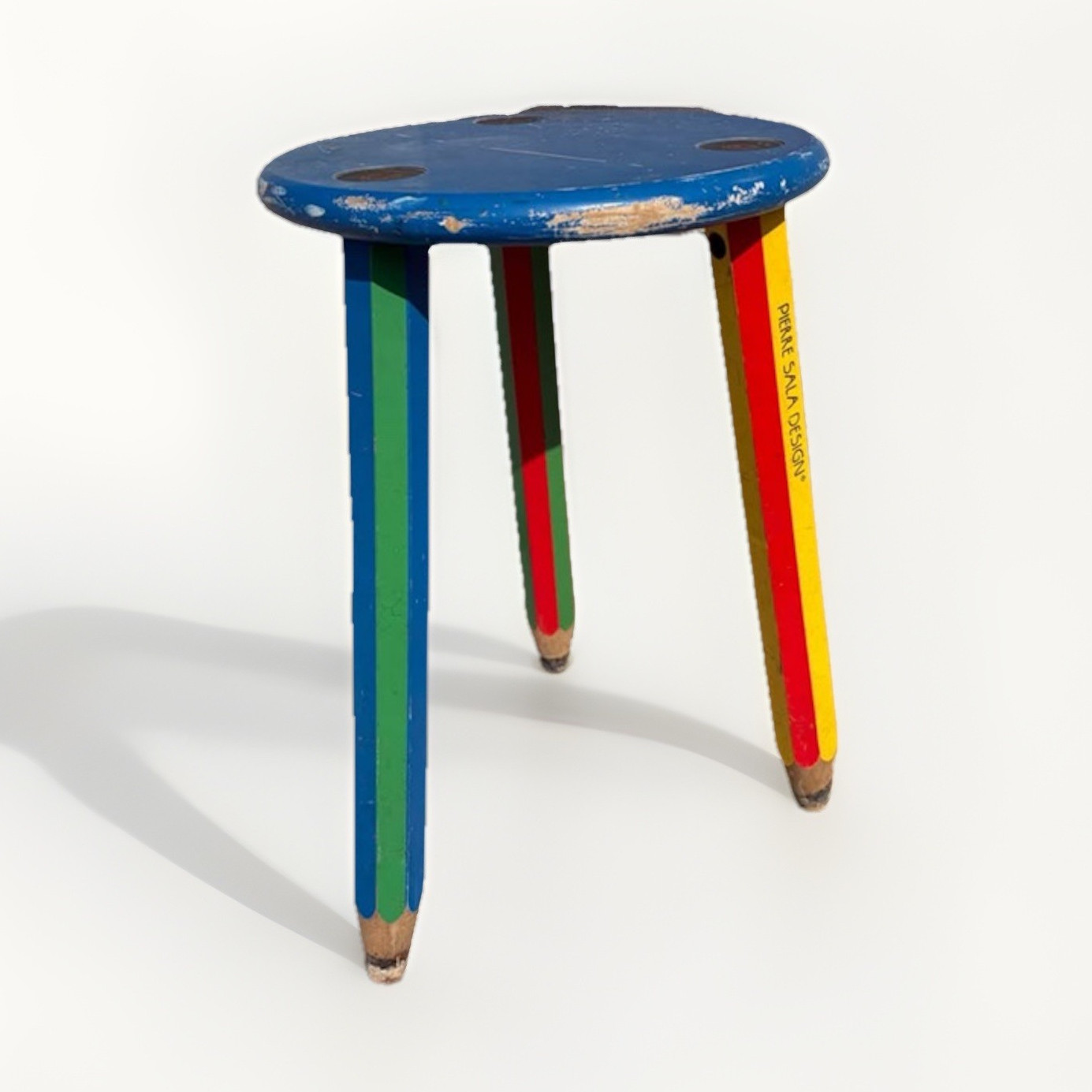 Pierre Sala Design Kids Wooden Stool Round Blue Seat Multicolor 3-Leg