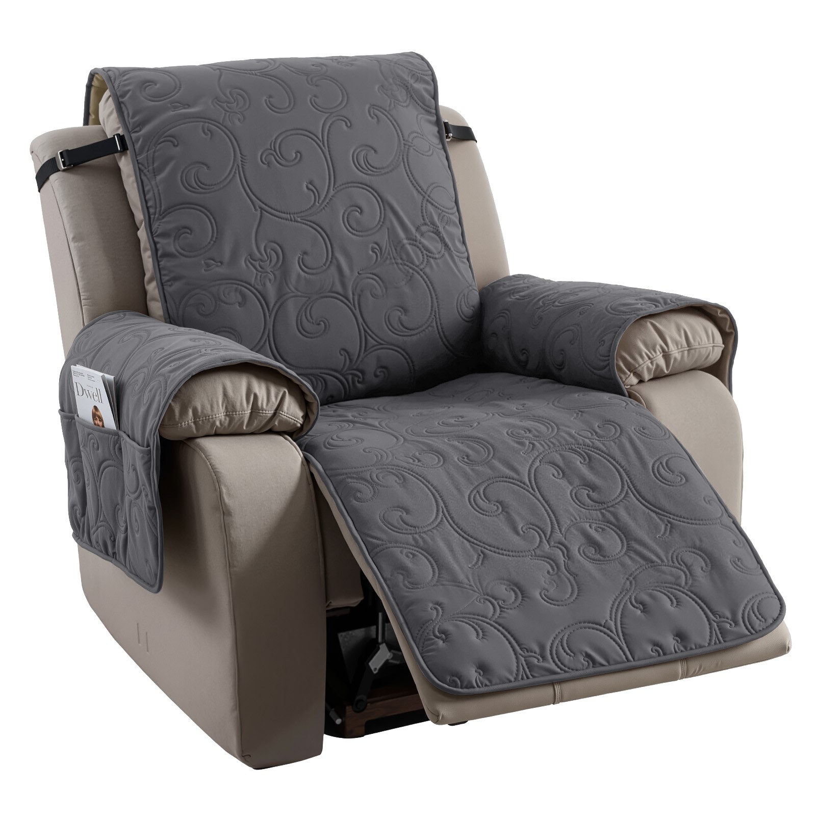 100% Waterproof Quilted Recliner Chair Cover Pad Non-Slip Protector w/ 6 Pockets