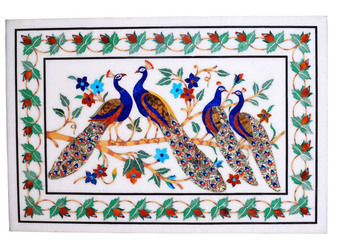 20 x 30 Inches Marble Table Top peacock Multicolor Gemstone Inlay Wall Panel
