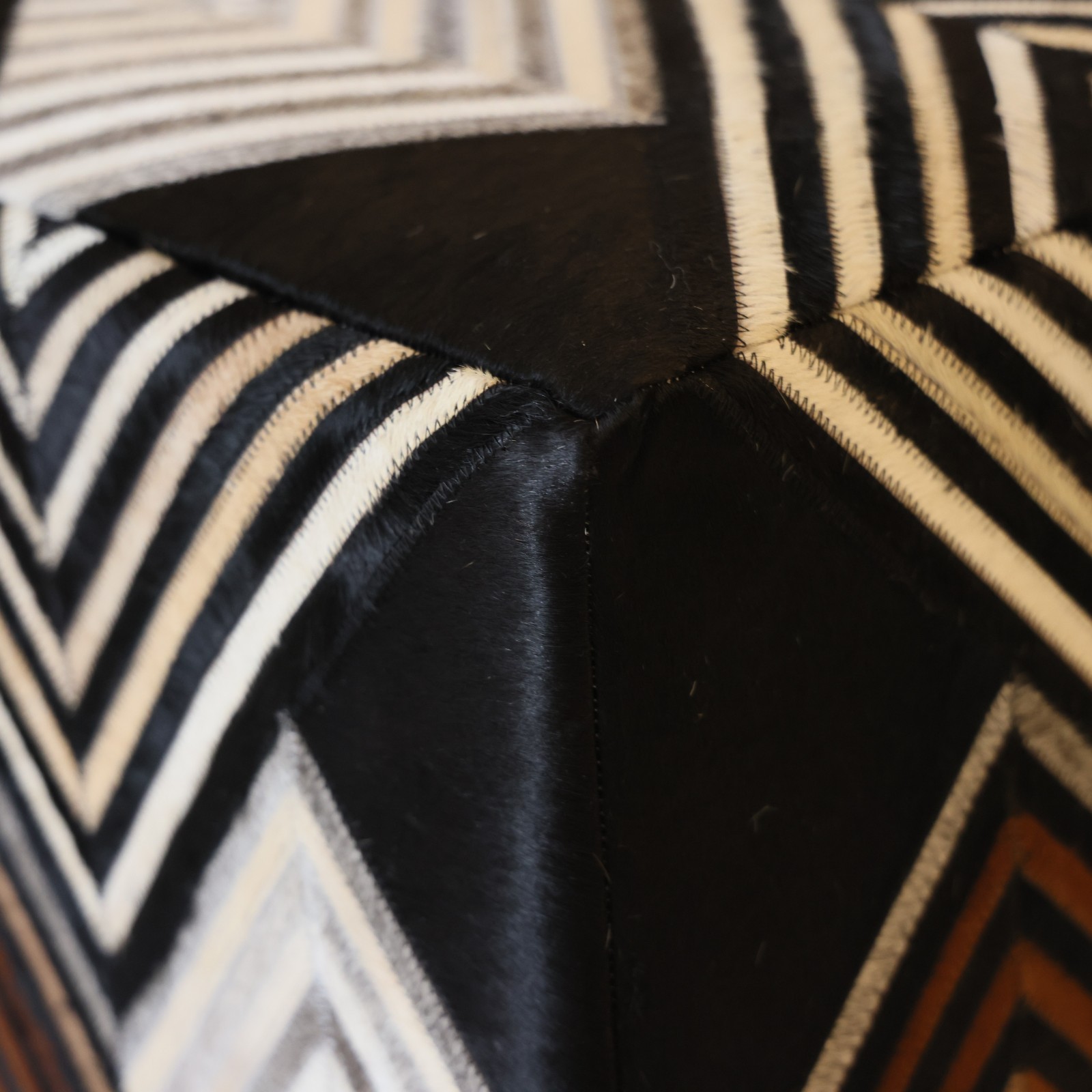 Handmade Chevron Cowhide Leather Ottoman Pouf 18×18 Graphic Statement