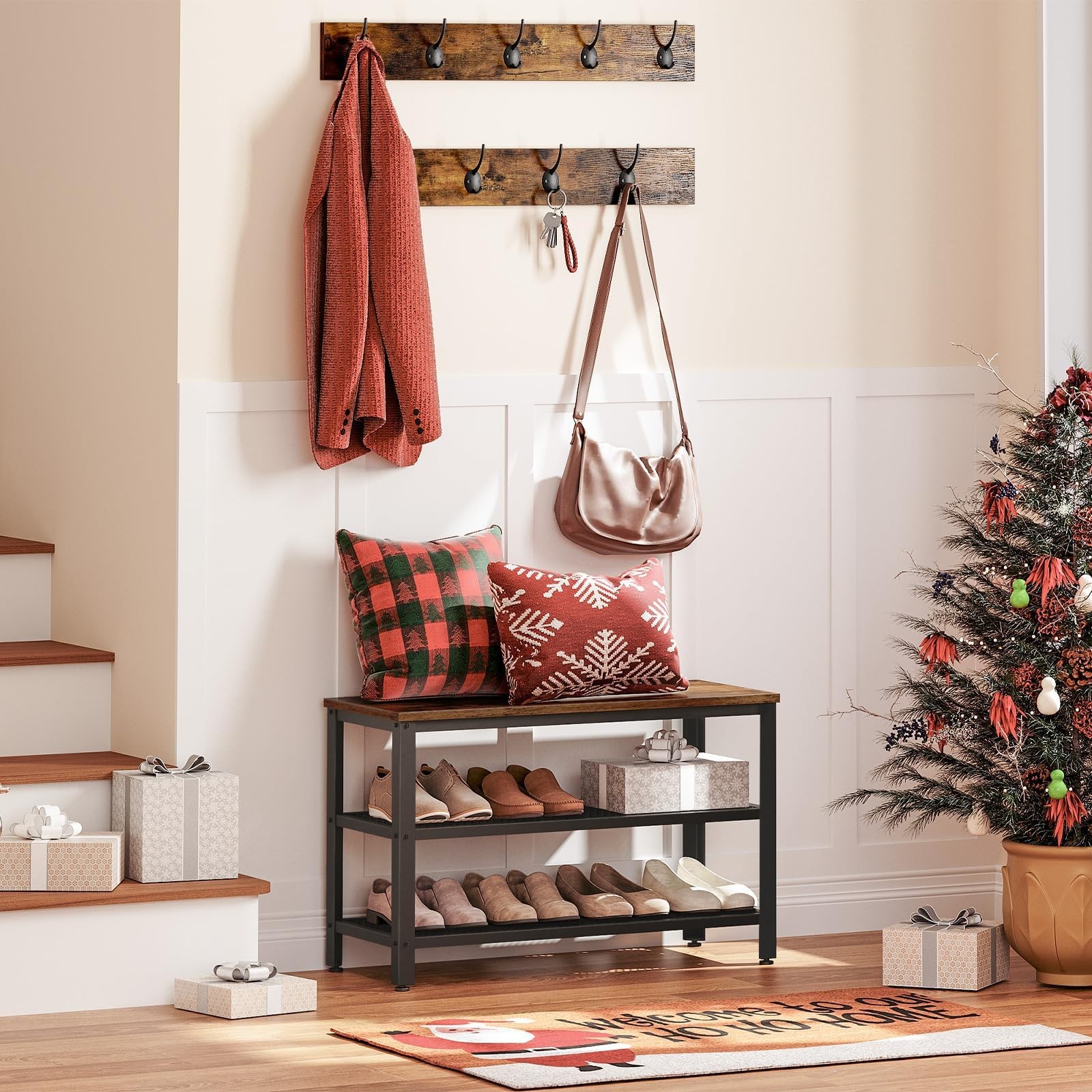 HOOBRO Hall Tree with Bench, 27.6″L x 11.8″W x 18.1″H, Rustic Brown, Black