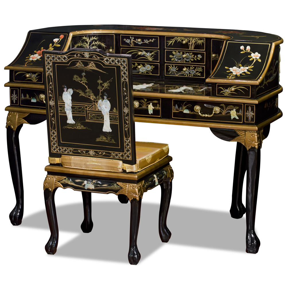 US Seller – Black Lacquer Mother of Pearl Motif Harpsichord Style Asian Desk Set
