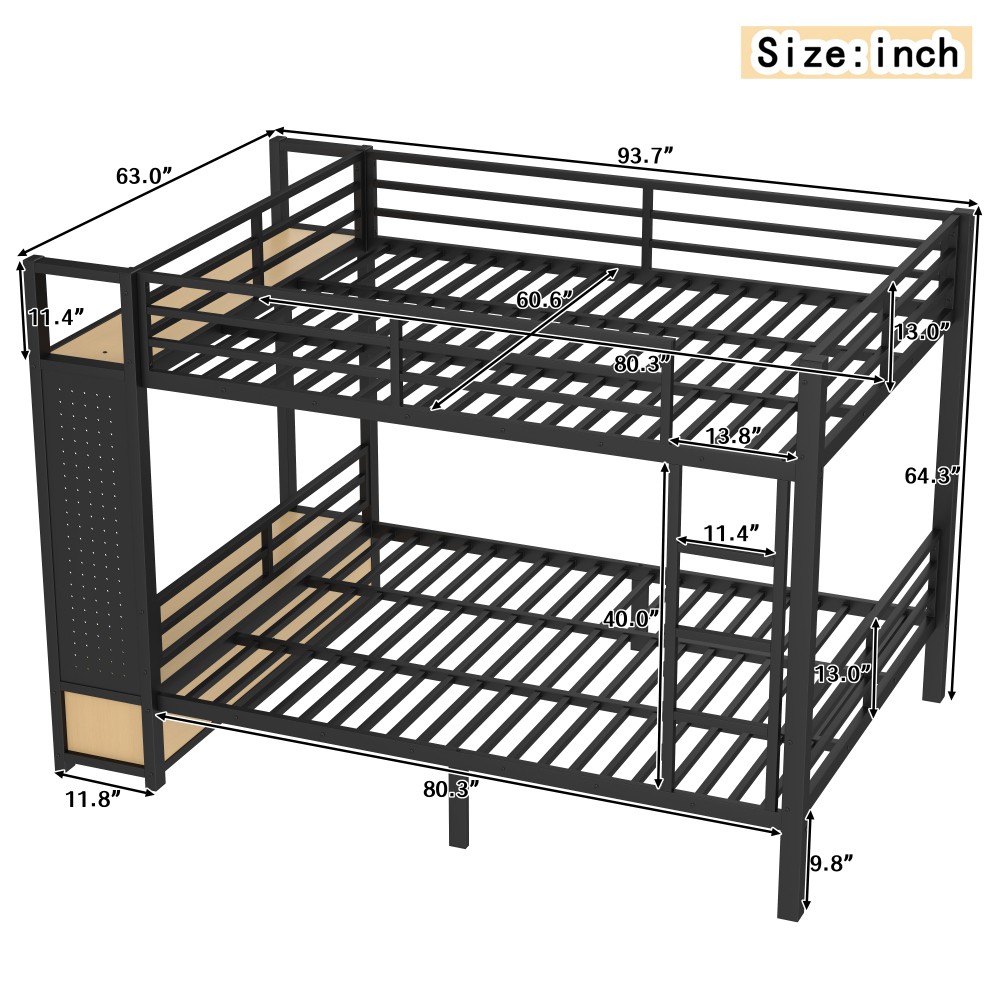 Full over Full/Queen over Queen Size Bed Frame Metal Bunk Bed w/Storage Shelves