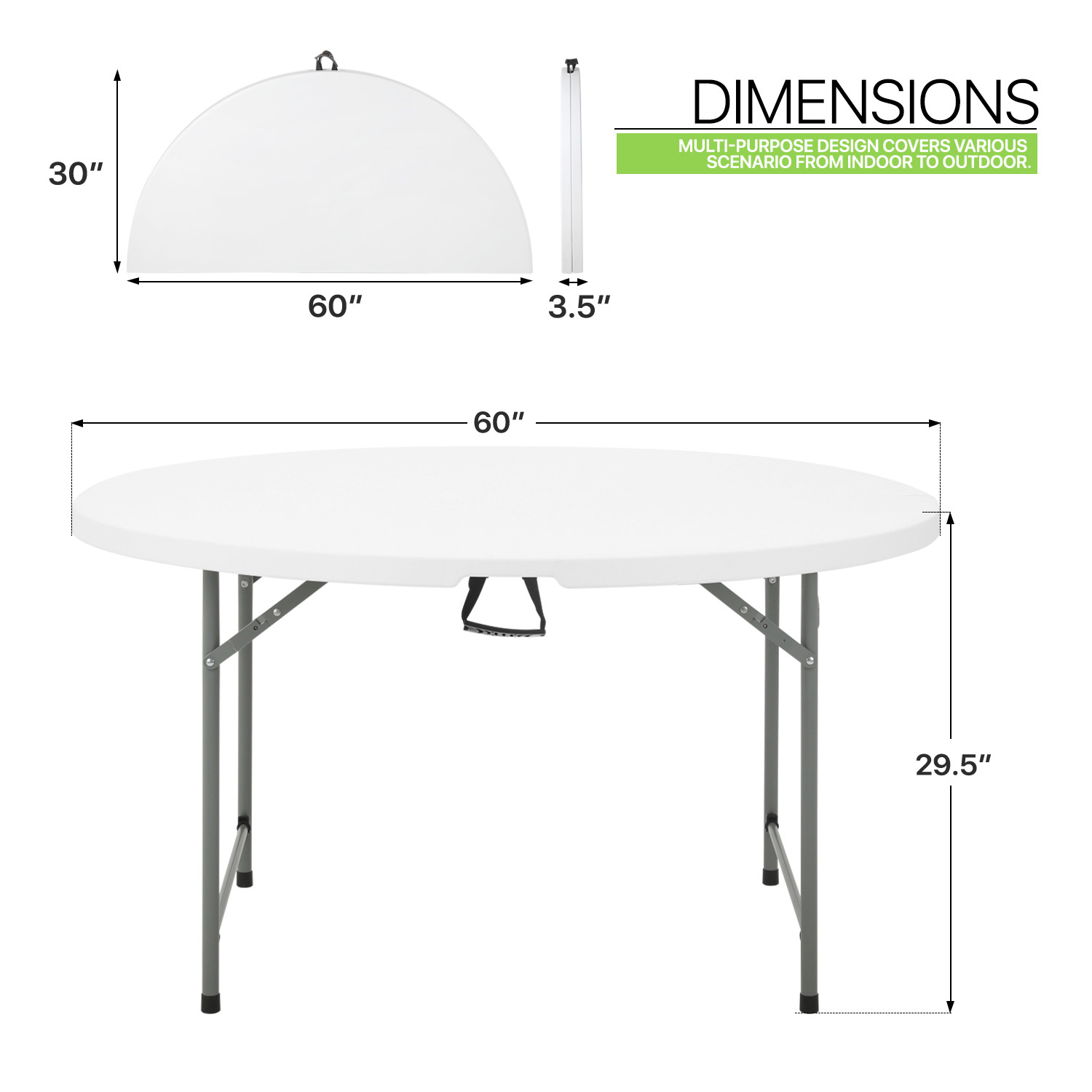 White 5 Ft Round Portable Plastic Dining Table w/Handle Fold-in-Half Picnic Desk